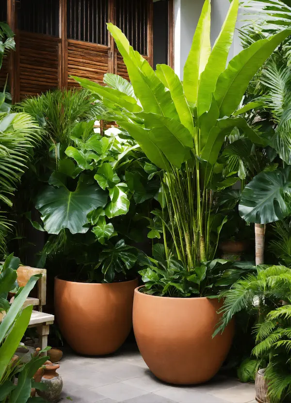 Dos macetas de barro grandes con unas plantas en su interior.