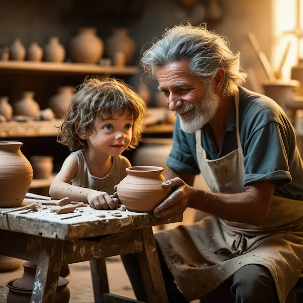 Una fotografía donde se ven a un padre y su hijo en un taller de alfarería.