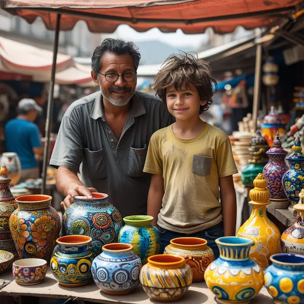 Un padre y su hijo en un mercadillo de cerámica vendiendo sus productos.