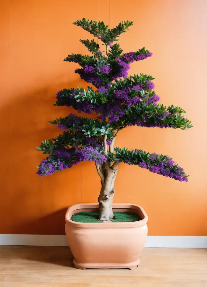 Maceta cuadrada de barro con un árbol.