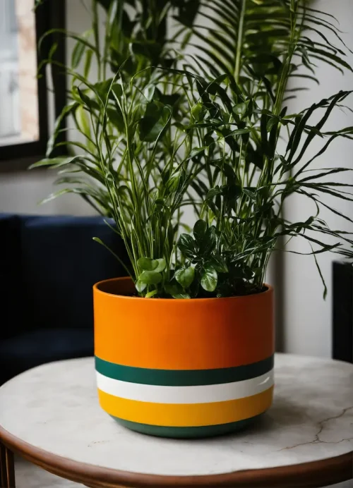 Una maceta pintada con colores cálidos y un toque de verde oscuro sobre una mesa blanca.