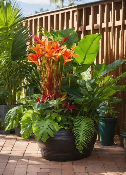 Maceta de gran tamaño de color negro con muchas plantas de todo tipo en su interior.